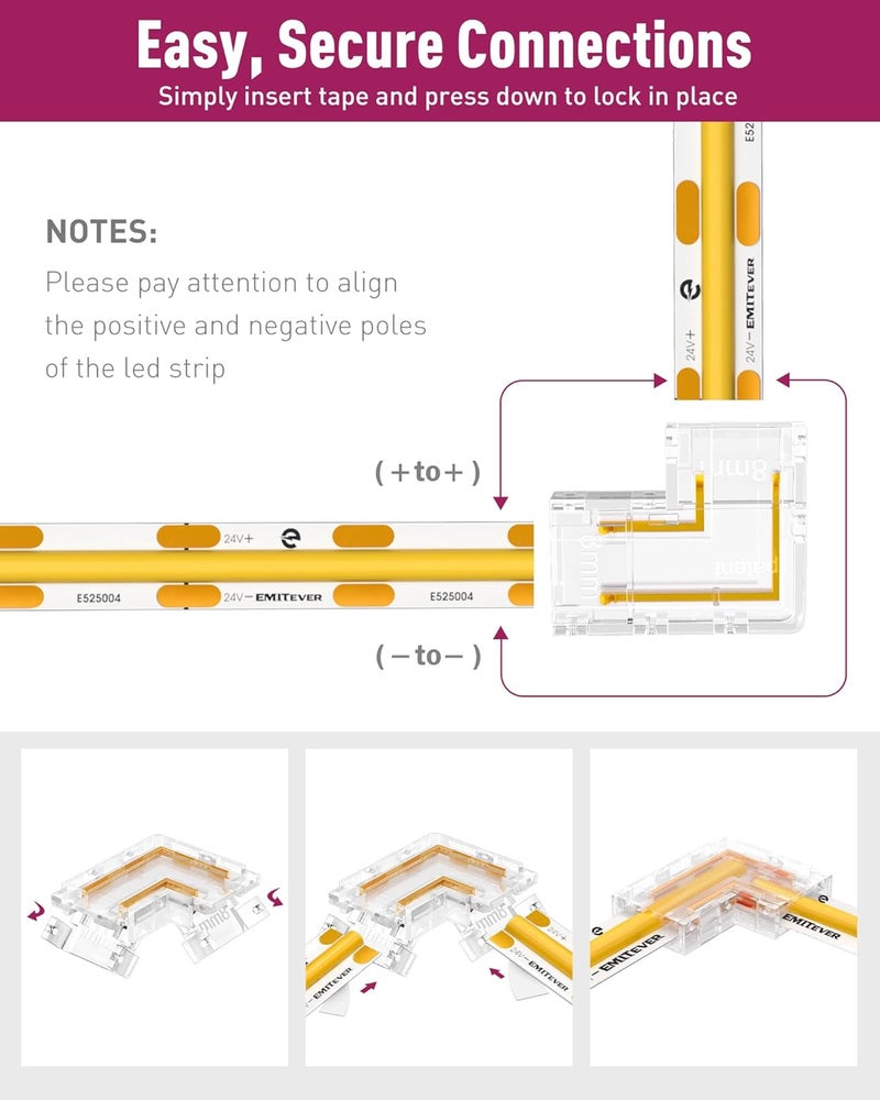 EMITEVER 8mm LED Strip Connectors 12pcs, Led Corner Connector L-Shaped Gapless Connection Solderless Transparent Tape Light Connectors for 2-Pin COB/SMD LED Strip Lights​ 5V 12V 24V 48V - Image 5